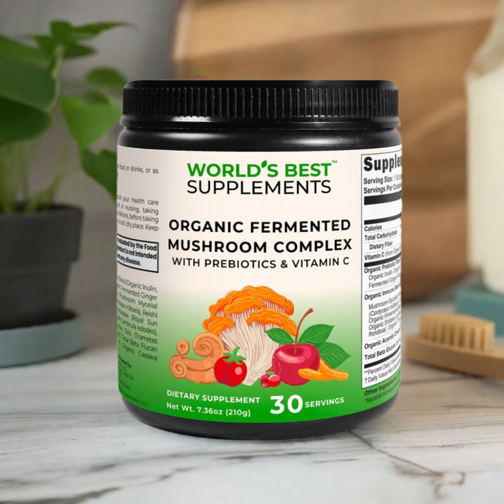 A 7.36 ounce container of Organic Fermented Mushroom Complex powder with Prebiotics and Vitamin C from World's Best Supplements.