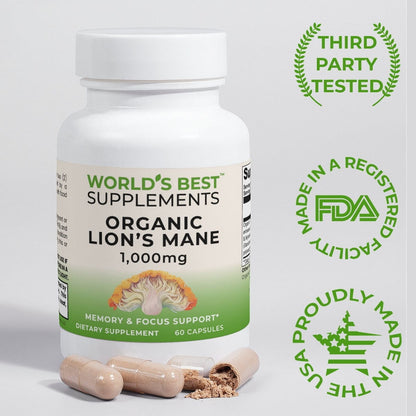Organic Lions Mane Supplement third-party tested, made in the USA in FDA registered GMP facilities and sold by World's Best Supplements.