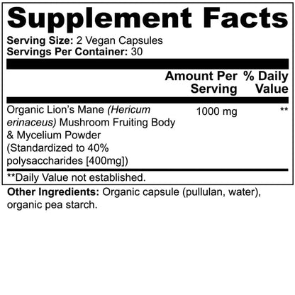 Supplement Facts label for Organic Lion's Mane Mushroom Capsules 1,000mg from World's Best Supplements.