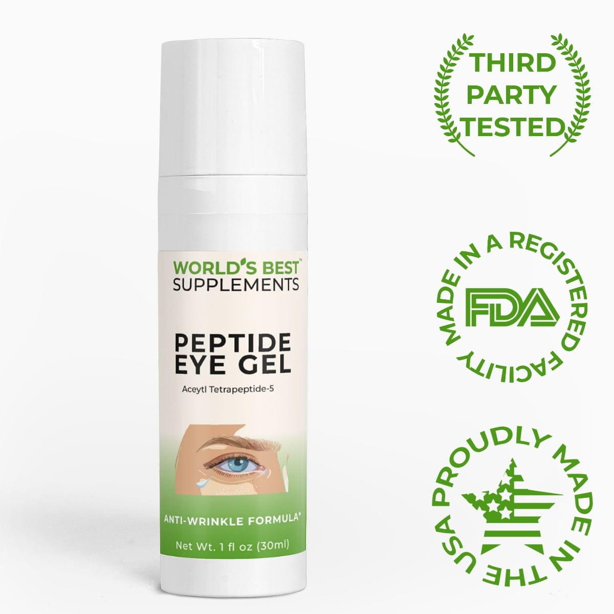 Peptide Eye Gel from World's Best Supplements third-party tested, cruelty free, made in the USA in FDA Registered facilities.