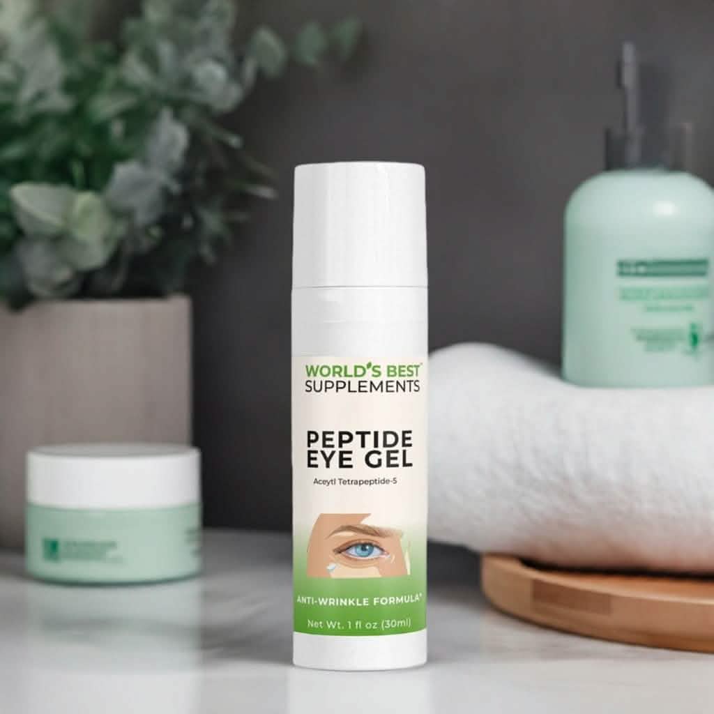 A bottle of Peptide Eye Gel from World's Best Supplements featuring Acetyl Tetrapeptide-5 and Hyarulonic Acid.