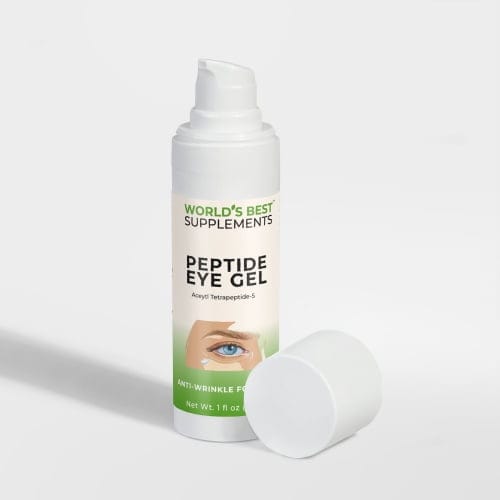 Peptide Eye Gel Cream featuring Aceytl Tetrapeptide-5 and Sodium Hyaluronate to help reduce puffiness and smooth fine lines and wrinkles.