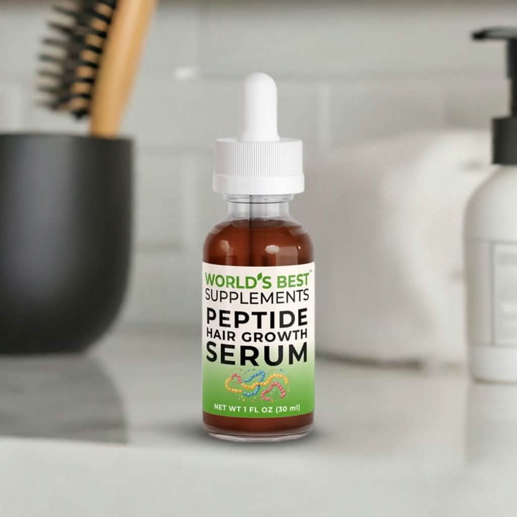 Peptide Hair Growth Serum in 1oz dropper bottle featuring Growth Factor Peptides, Rosemary Extract, Arginine, Saw Palmetto and more from World's Best Supplements.