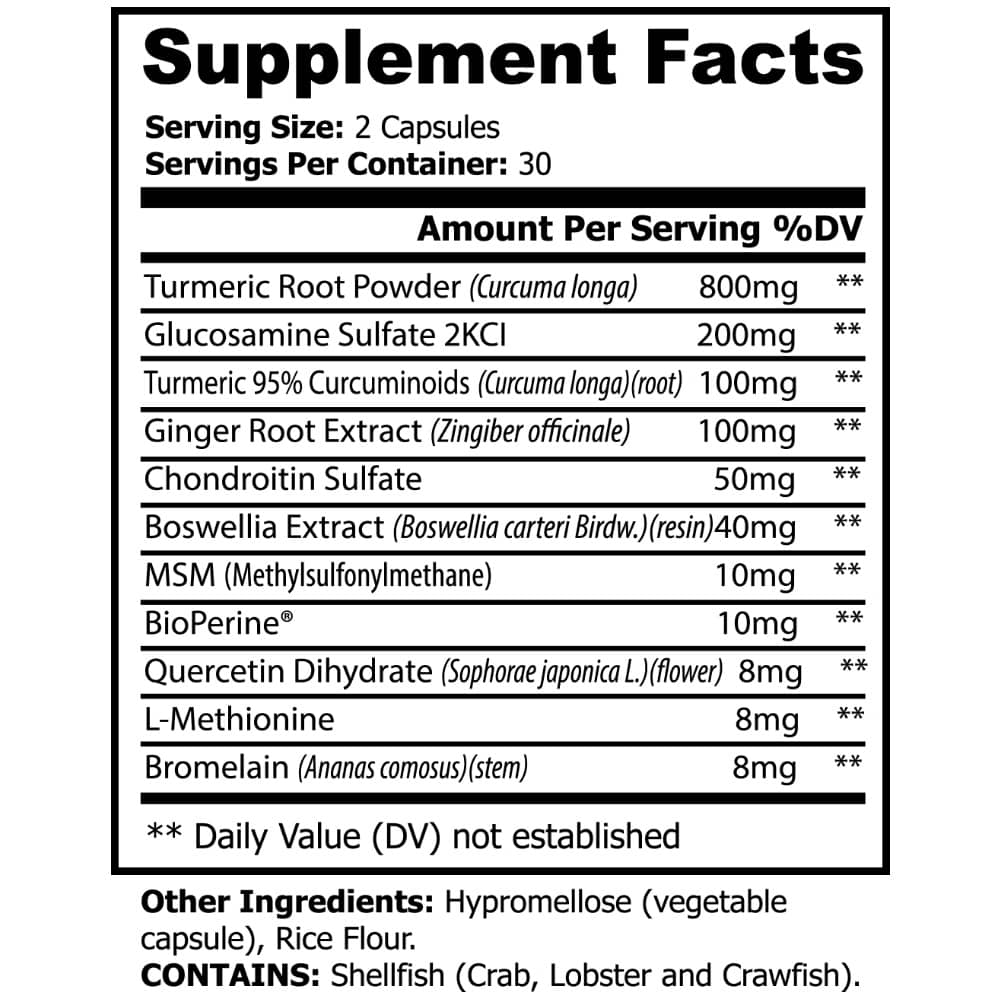 Supplement Facts label for Platinum Turmeric Capsules from World's Best Supplements.