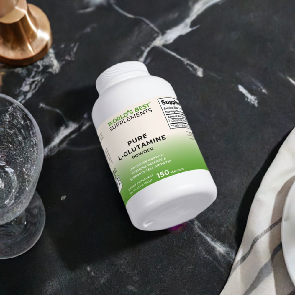 Pure Glutamine Powder, an essential amino acid for supporting growth hormone, muscle repair, gut health, immune boosting and more from World's Best Supplements.