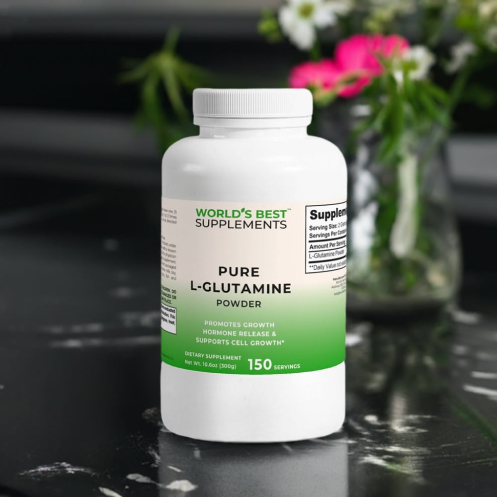 A 10.6 ounce bottle of Pure L-Glutamine Amino Acid Powder, enough for 150 servings at 2 grams each from World's Best Supplements.