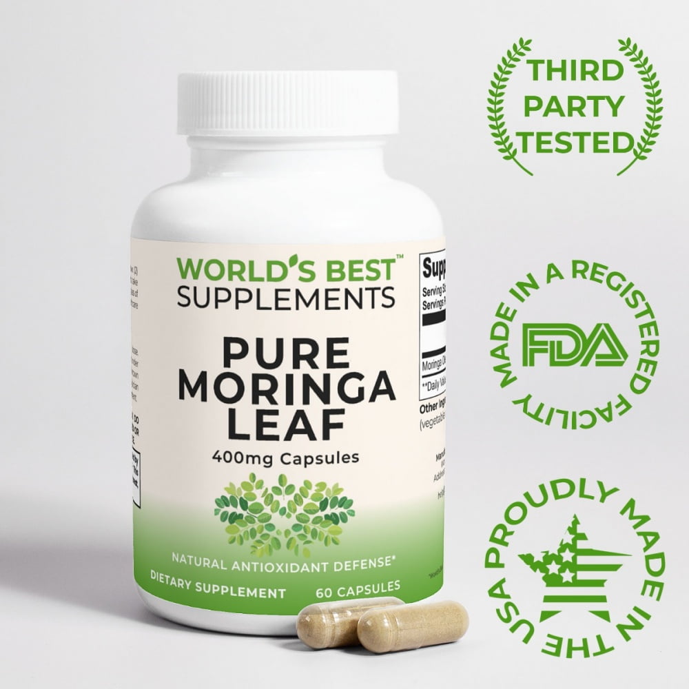 Pure Moringa Leaf Powder Capsules with 400mg per serving from World's Best Supplements. Third-party tested, and Made in the USA in a FDA-registered facility using GMP manufacturing processes.