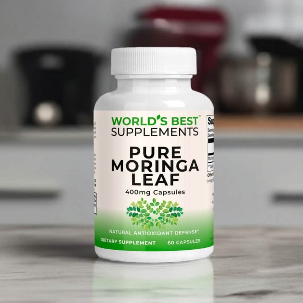 A bottle of Pure Moringa Leaf 400mg Capsules from World's Best Supplements featuring 60 capsules.
