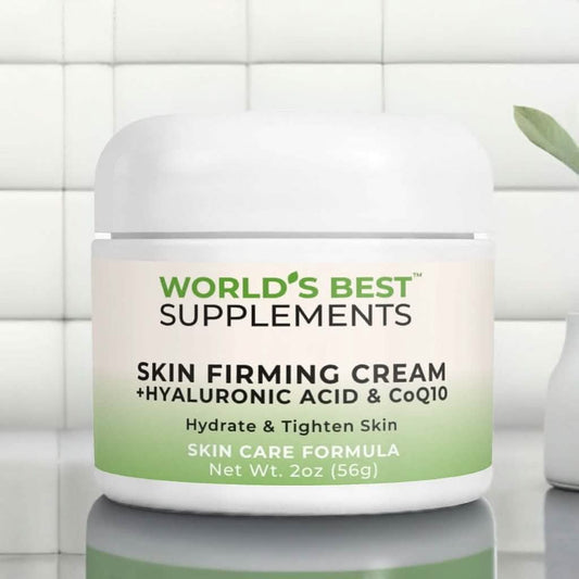 A 2oz container of World's Best Skin Firming Cream with Hyaluronic Acid and Coq10 for hydrating and tightening the skin around the face and neck.