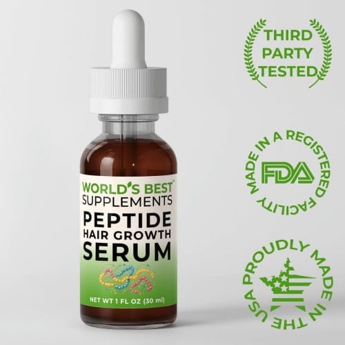 A bottle of Peptide Hair Growth Serum in 1 FL Oz size from World's Best Supplements that is third-party tested for purity and potency, in manufactured in the USA in a FDA registered facility using cGMP manufacturing practices.