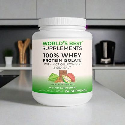 World's Best 100% Whey Protein Isolate Natural Chocolate Flavored, made with Real Cocoa.