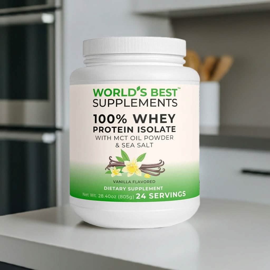 A container of World's Best 100% Whey Protein Isolate Powder in Vanilla flavor, featuring MCT Oil Powder and Sea Salt.