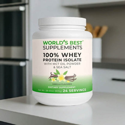 A container of World's Best 100% Whey Protein Isolate Powder in Vanilla flavor, featuring MCT Oil Powder and Sea Salt.