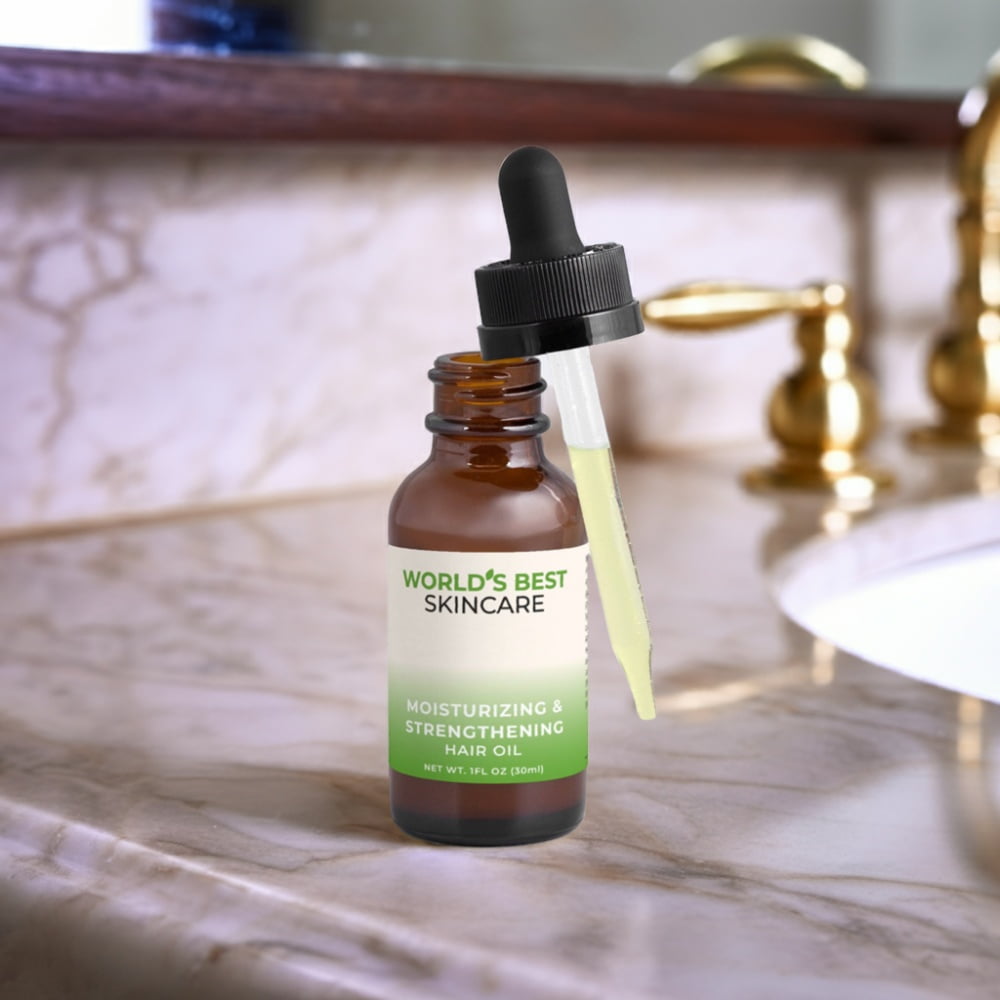 Moisturizing and Strengthening Hair Oil from World's Best Supplements in a 1 ounce bottle.