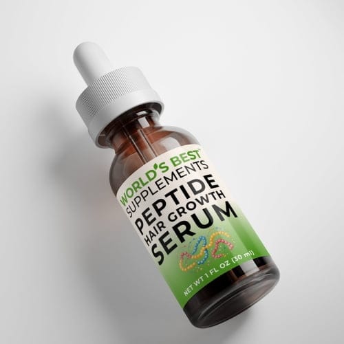 A dropper bottle of World's Best Supplements Peptide Hair Growth Serum in 1 FL Oz size.